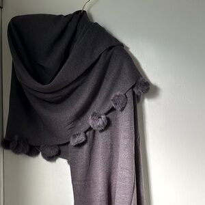Cozy Gray Knit Shawl with Pom Poms